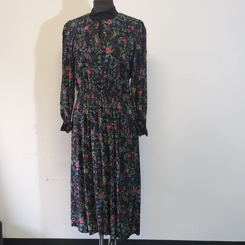 Vintage 1980s Black Floral Midi Dress, Size S
